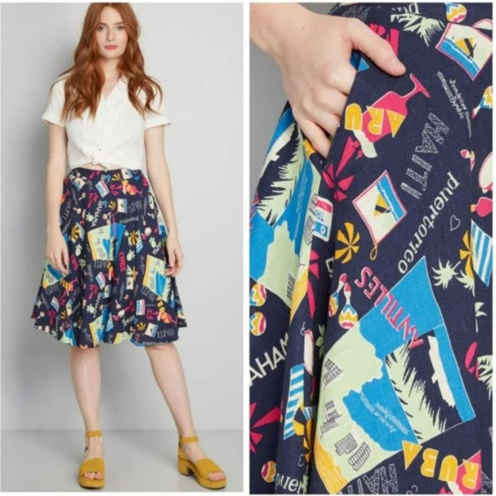 MODCLOTH Blue Island Travel Vacation Linen Skirt Retro with Pockets Size XS